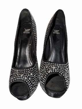 Silver Studded Shiekh Brand Black Stiletto Women's Size 10 Peep Toe High Heels